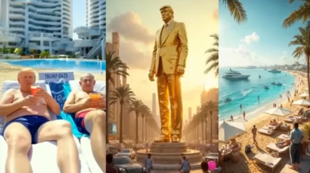 Yapay zeka tarafından üretilen görüntüler, Trump'ın Gazze Rivierası'nı tanıtıyor.