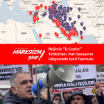 Rejimin "İç Cephe" Tahkimatı: İran Savaşının Gölgesinde Sınıf Taarruzu. (Üstte İran Savaşı haritası, Ortada başlık ile logo, Altta Mehmet Türkmen'in fotoğrafı.)