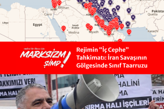 Rejimin "İç Cephe" Tahkimatı: İran Savaşının Gölgesinde Sınıf Taarruzu. (Üstte İran Savaşı haritası, Ortada başlık ile logo, Altta Mehmet Türkmen'in fotoğrafı.)